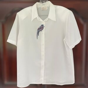 Vintage 80s embroidered design short sleeved polyester Hudson's Bay blouse med